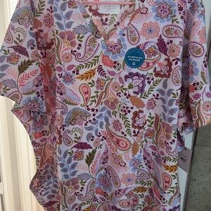 Cherokee Floral V-Neck Scrub Top with Pink and Purple Accents